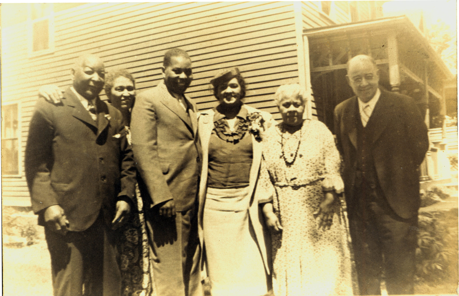 The wedding day of Richard Nelson Bell and Iris Sloman in 1939. <br>From left: Charles Bell; Josephine Sloman; Richard; Iris; Mary Bell; and Albert Sloman. <br>Courtesy the Brock University James A. Gibson Special Collections & Archives.