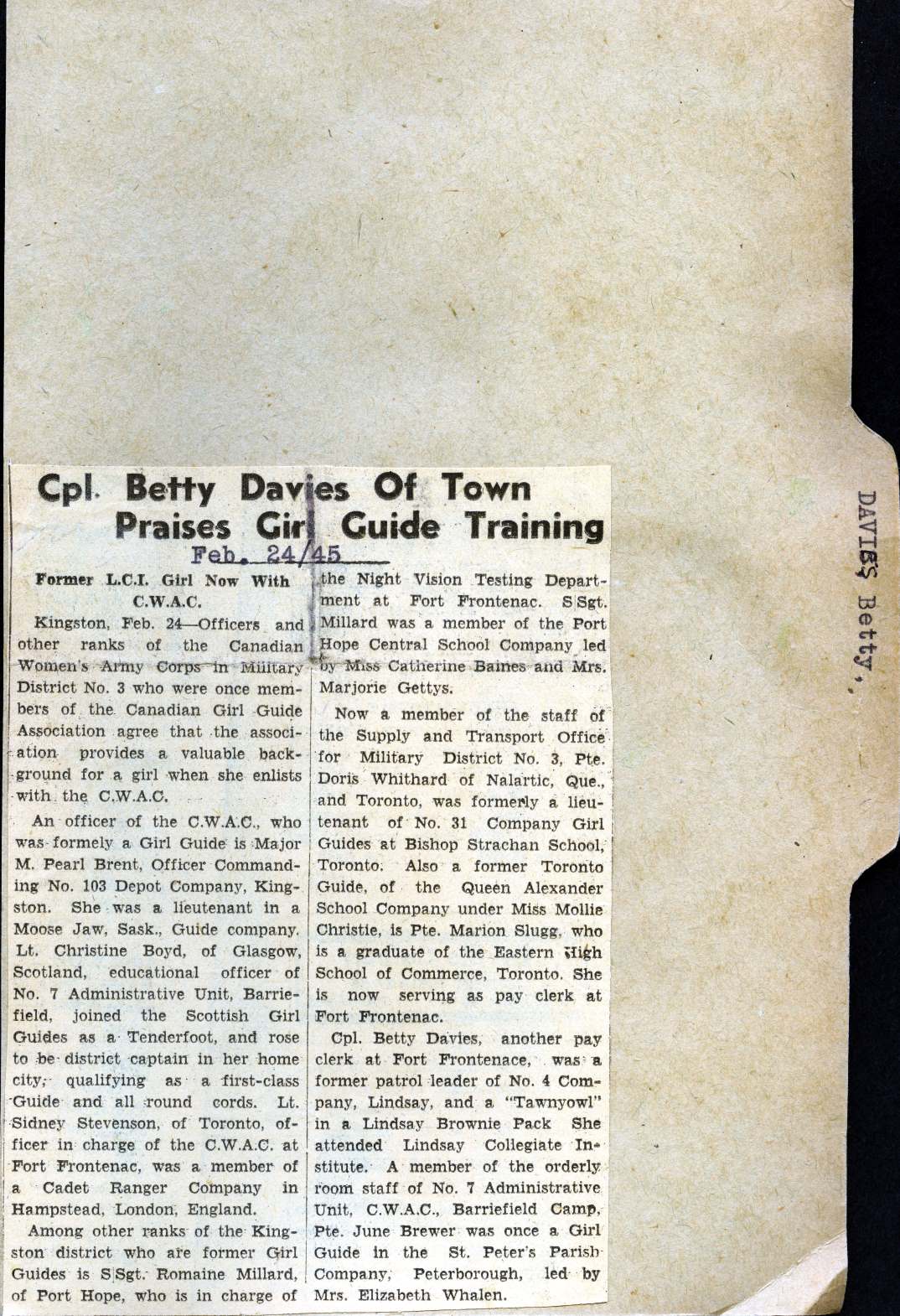 "Cpl. Betty Davis of Town Praises Girl Guide Training." Courtesy the Kawartha Lakes Public Library.