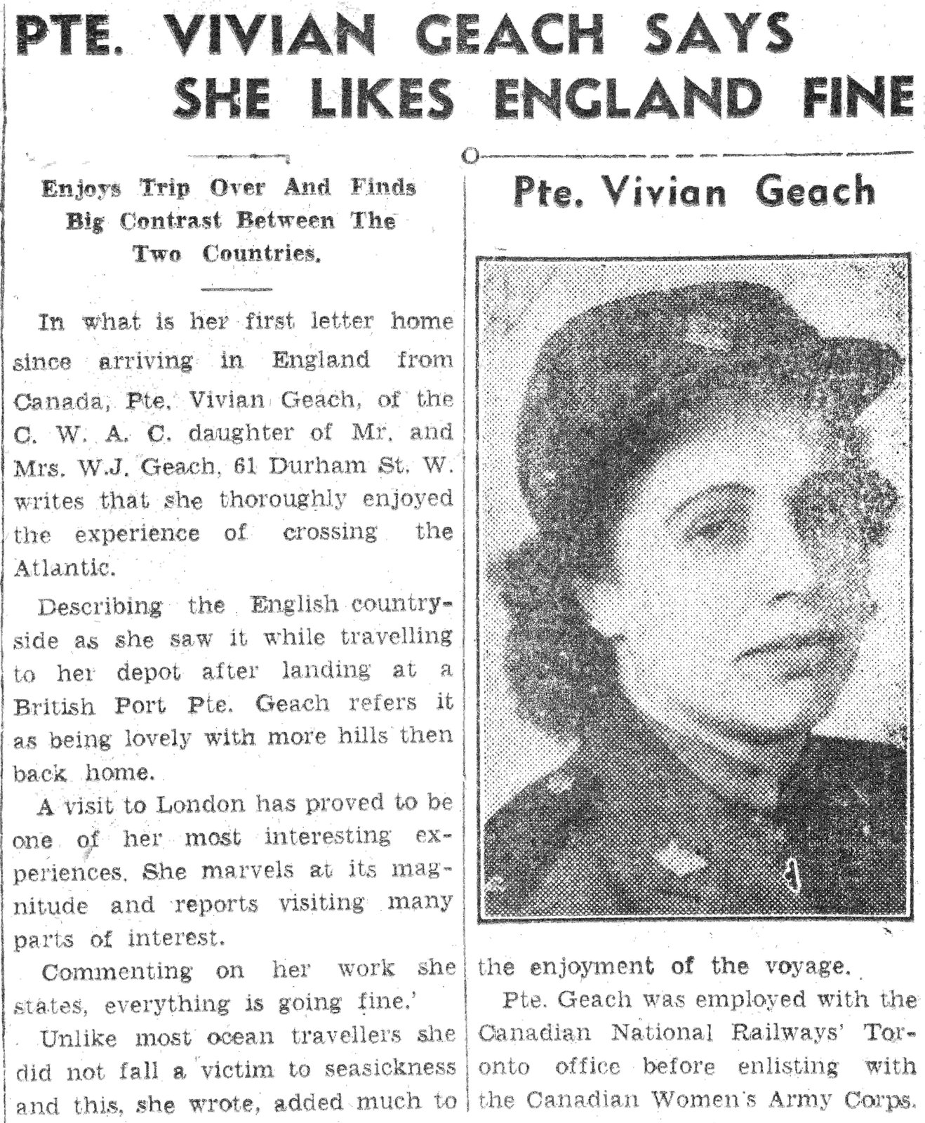 "Pte. Vivian Geach says she likes England fine" from the Lindsay Post, August 14 1944. Courtesy the Kawartha Lakes Public Library Digital Archive.