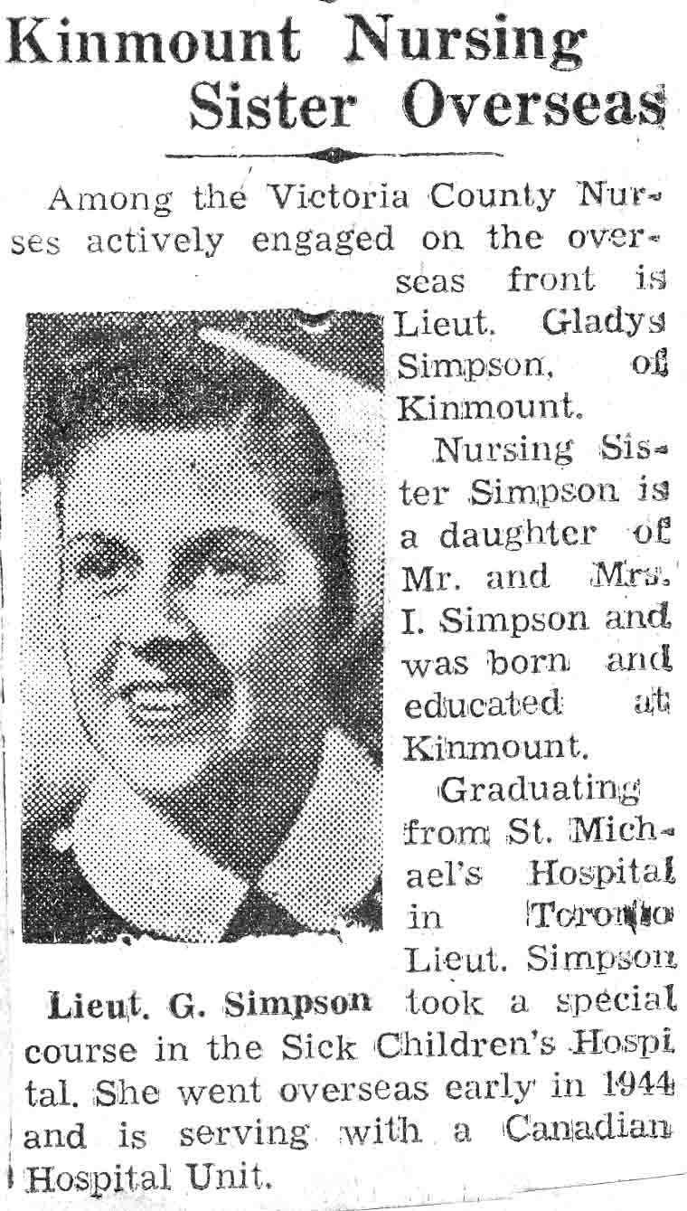 Clipping about overseas nurse Lieutenant Gladys Simpson of Kinmount. Courtesy the Kawartha Lakes Public Library Digital Archive.