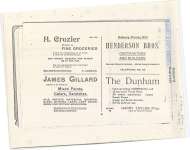 Photocopy of a page of advertising for H. Crozier Groceries, Henderson Bros. Contractors and Builders, James Gillard and The Dunham Hotel.