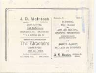 Photocopy of a page of advertising for J. D. McIntosh Groceries, Alexandra Confectionery and Ice Cream, A. R. Dundas