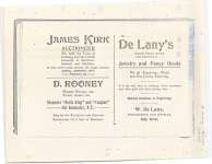 Photocopy of a page of advertising for James Kirk Auctioneer, D. Rooney Harbor Master, De Lany's Jewelry and Fancy Goods.