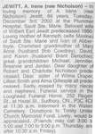 Obituary for A. Irene (nee Nicholson) Jewitt, Waters Township, 2002