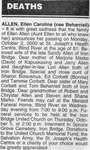 Obituary for Ellen (nee Beharriell) Allen, Iron Bridge,2000