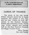 Card of Thanks re: Annie Williton (Harper), Huron Shores, 1995
