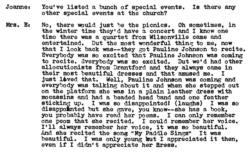 A firsthand account of a Pauline Johnson recital. "When she stepped out on the platform she was in a plain leather dress with mocassins and had a beaded head band and one feather sticking up." Courtesy the County of Brant Public Library.