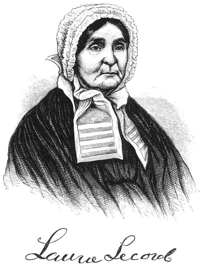 Black and white woodcut ink portrait of Laura Secord. Courtesy the Six Nations Public Library.