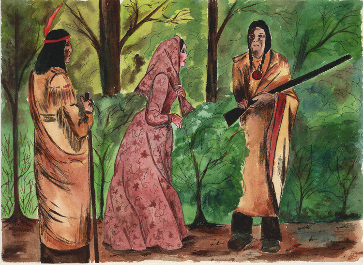 Watercolour painting by Rosemary Bowen of Laura Secord's walk through the woods, 1977. Courtesy the Six Nations Public Library.
