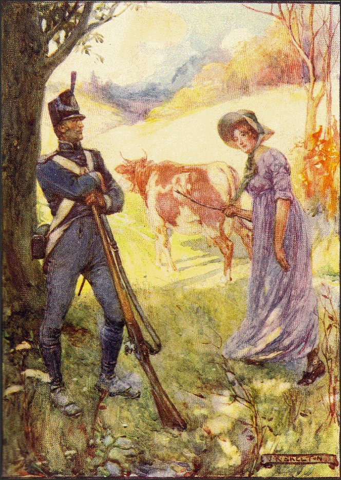 Painting by J.R. Skelton of Laura Secord pretending to lead a cow to get past soldiers, 1908. Courtesy the Six Nations Public Library.