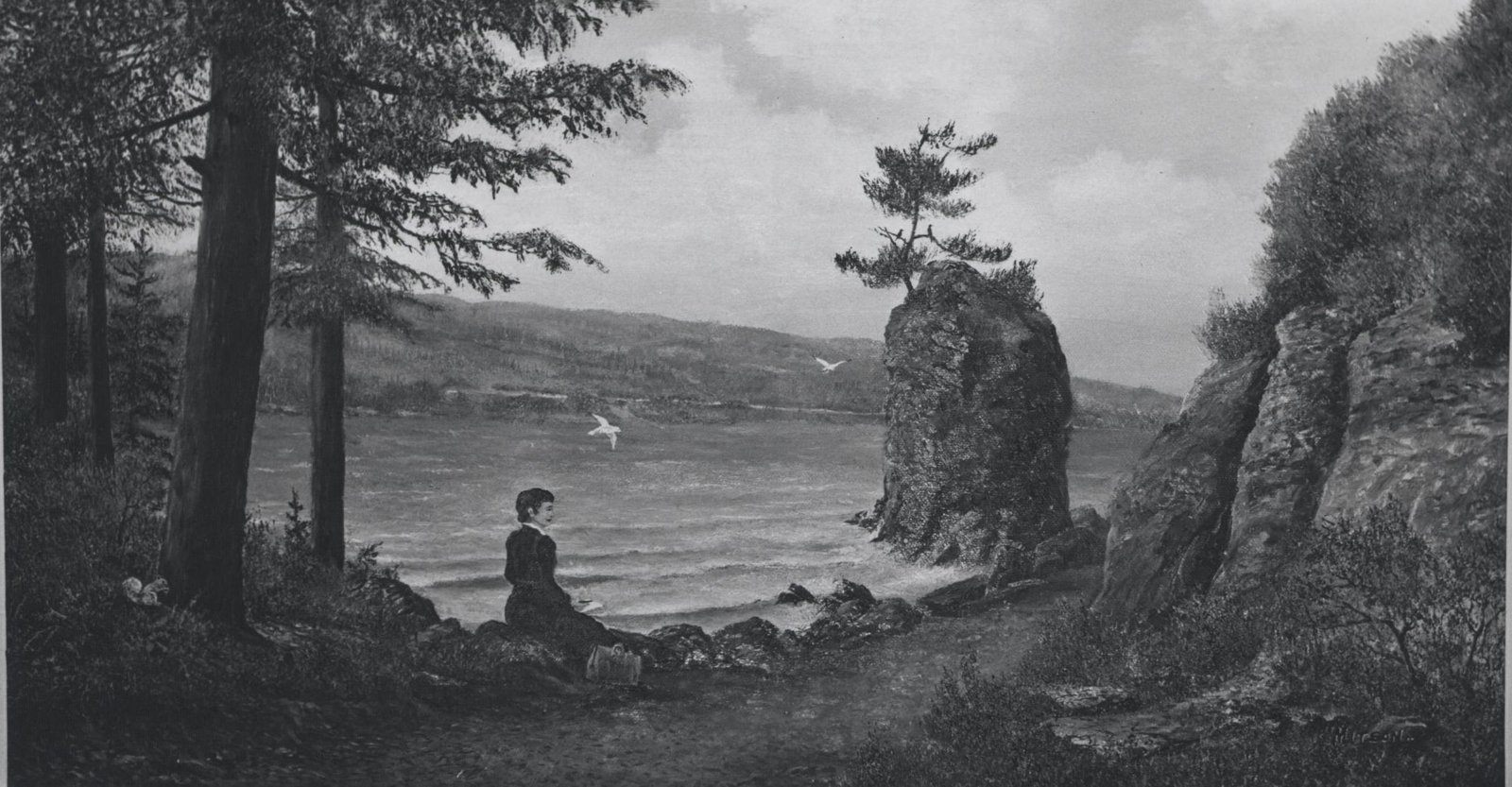 A David Mitson painting depicting Pauline Johnson at Siwash Rock Vancouver. Painted 1967 in Dundas, Ontario. Courtesy the Six Nations Public Library.