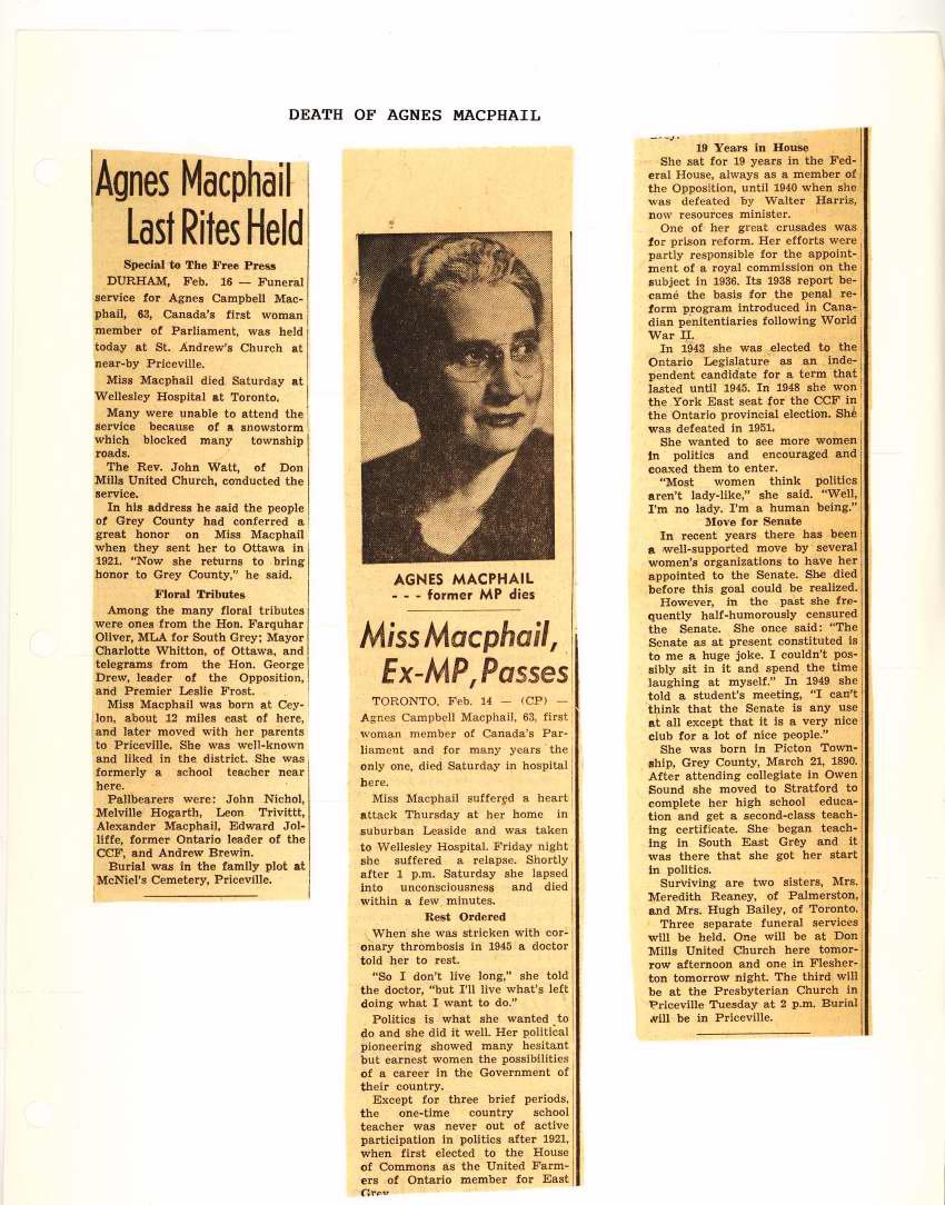 2 articles from 1954: "Agnes Macphail last rites held" and "Miss Macphail, ex-MPP Passes." Courtesy the South Grey Museum.