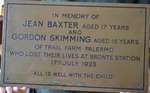 Plaque in Memory of Teenagers Jean Baxter and Gordon Skimming, 1923