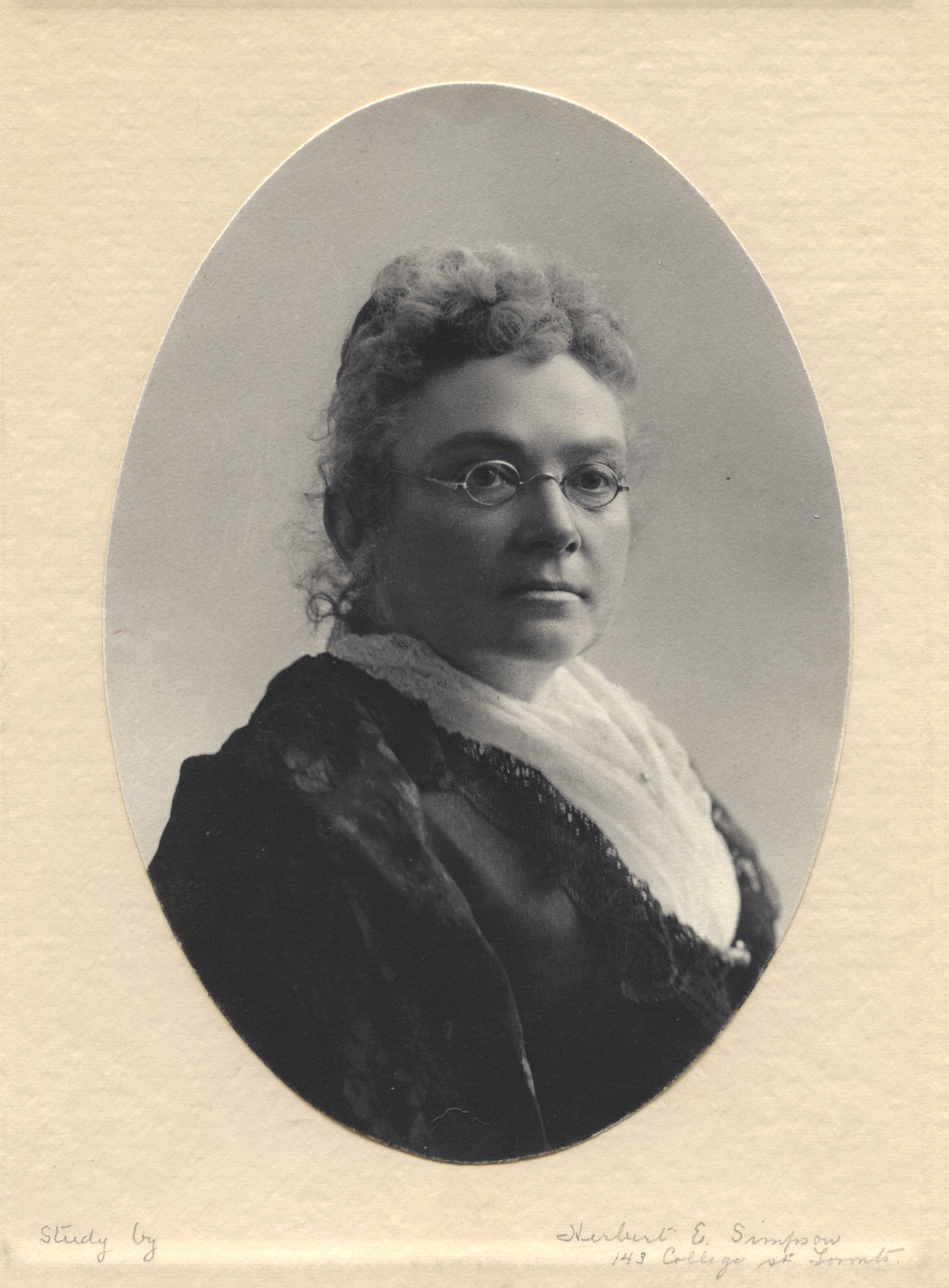 Black and white studio portrait of Emily Stowe.  Courtesy the Wilfrid Laurier University Archives.