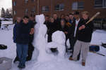 Students with snow sculpture, Wilfrid Laurier University Winter Carnival 1999