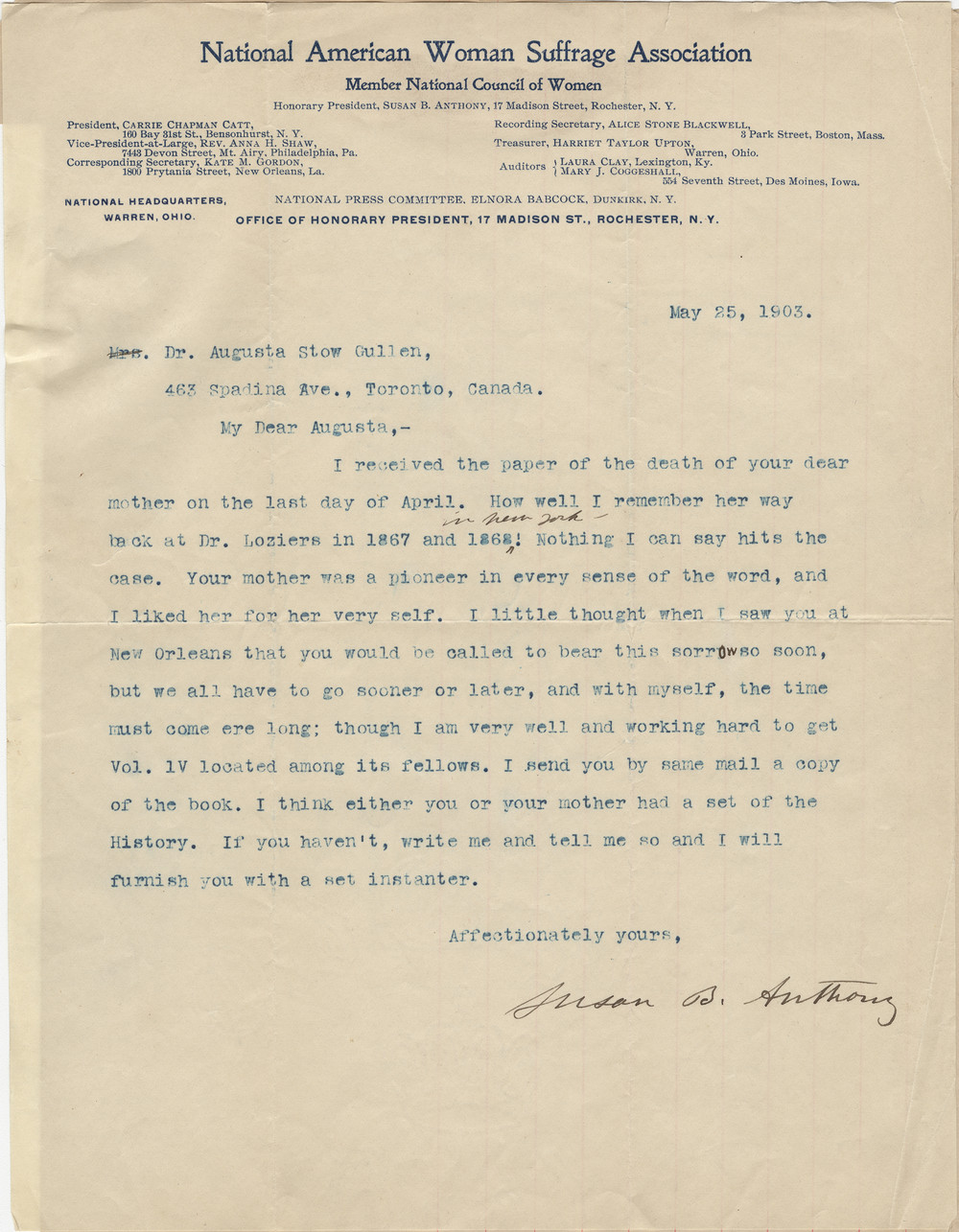 Condolence letter from Susan B. Anthony to August, about the death of Emily. Courtesy the Wilfrid Laurier University Archives.