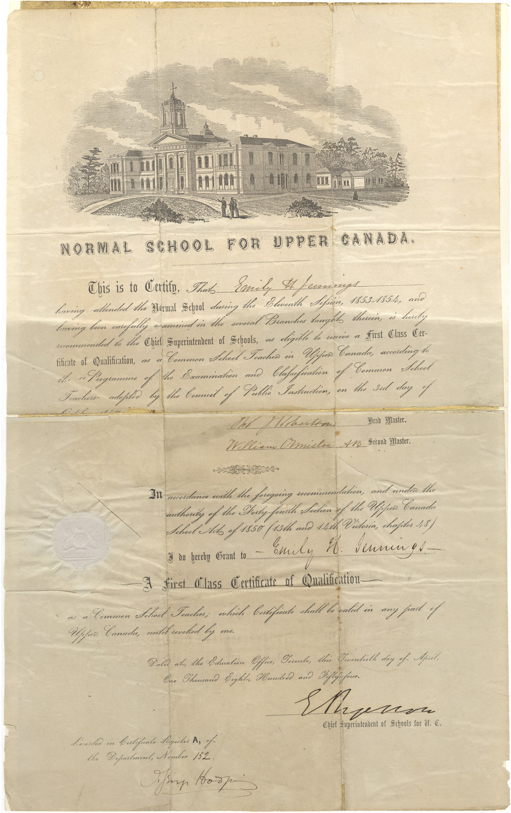 Emily H. Stowe's teaching certificate, signed by Egerton Ryerson, 1854. Courtesy the Wilfrid Laurier University Archives.