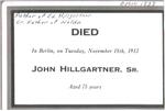 Funeral Card for John Hillgartner Sr.