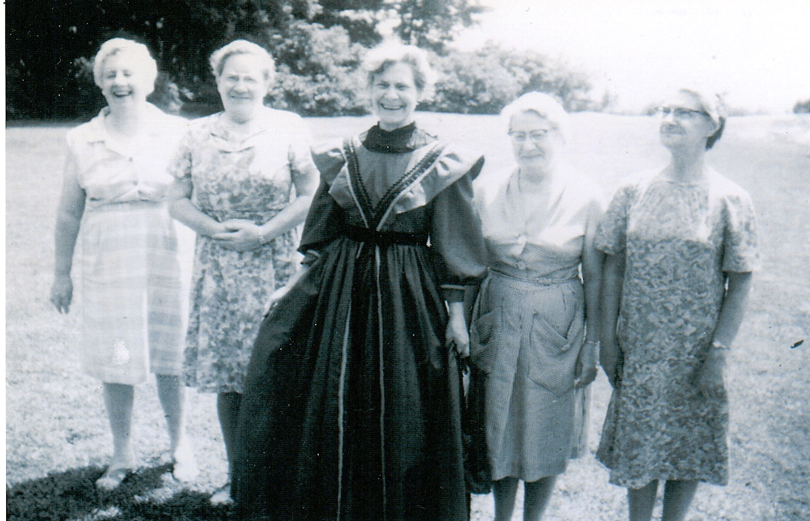 The Beley Sisters - Lucy, Marjory, Amy, Lillie, & Ethel - in 1967. The woman in the middle wears a Centennial gown. Courtesy the Rosseau Historical Society.