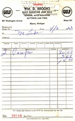 Wm. D. Brooks Gulf Gasoline and Oils Receipt or Vic's Cycle Sales & Service Receipt