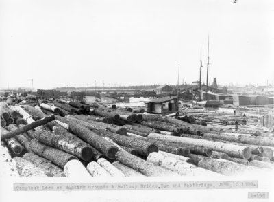 Comstock Lumber Mill Log Bank on Thunder Bay River and Schooner SEA BIRD