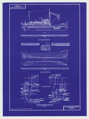 Outboard Profile, Lines & Offsets, Hull Sections of U.S. Lighthouse Tender HOLLYHOCK (1937)