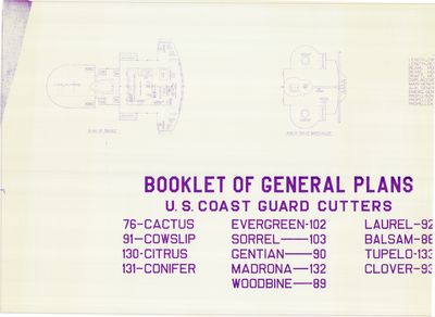 Booklet of General Plans Cover and General Arrangement of Bridge & Top of Wheelhouse for U.S. Coast Guard Cutters