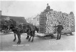 053 Two men with horse team pulling sleigh of large load of smaller logs