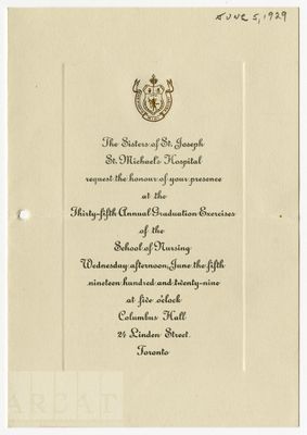 Graduation Invitation, St. Michael's School of Nursing, 1929