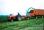 Tractor pulling a Fox wagon harvester