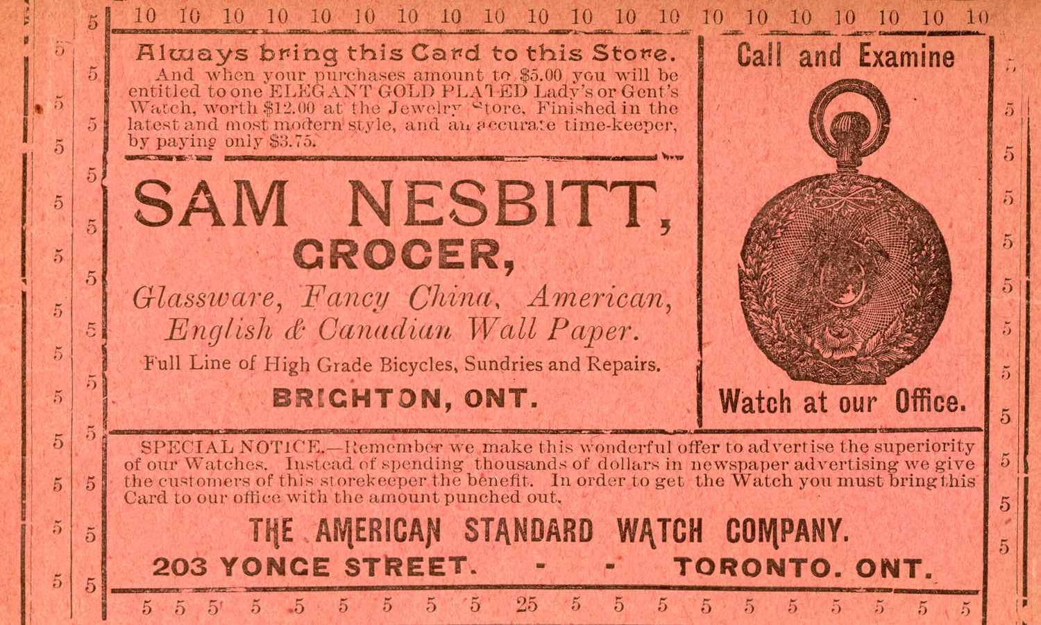 Sam Nesbitt Trade Card, Brighton, Ontario, ca. 1890