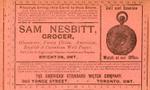 Sam Nesbitt Trade Card, Brighton, Ontario, ca. 1890