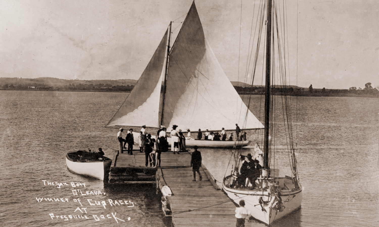 The Sail Boat O'Leava. Winner of Cup Races. At Presqu'ile Dock, ca. 1905