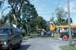 Bell Canada workers repairing damage after the tornado touch down in Brighton, Ontario, Canada in 1973.