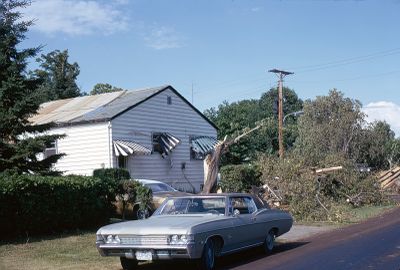 Trees downed and awnings damaged in the tornado in Brighton, Ontario, 1973.