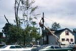 Repairmen restoring hydro lines after the tornado in Brighton, Ontario in 1973.