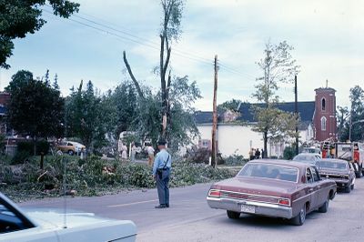 Tornado damage to Main Street looking north east, Brighton, Ontario