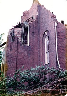 The remains of the town hall after the tornado strike in Brighton, Ontario, Canada.