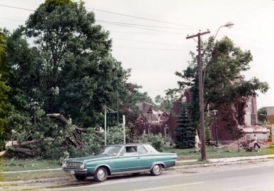 Tornado damage to Memorial Park and the old town hall in Brighton, Ontario, Canada.