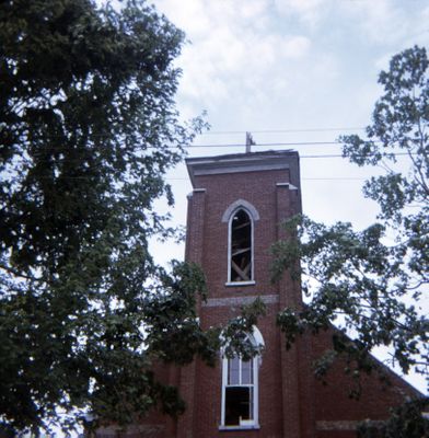 Tornado damage to Methodist church Main Street, Brighton, Ontario