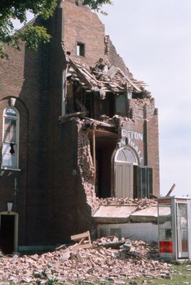 Tornado damage to 60 Main Street Town Hall, Brighton, Ontario