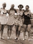 Four women in swimwear at a swimming beach, June 1945.
Reverse inscription: June/45 - Alice, Audrey, Anna, Joye Daniels