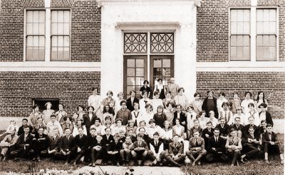 Brighton High School students and teachers on the front steps of the school.