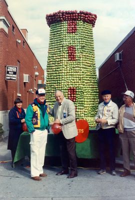 Presqu'ile Lighthouse rendered in apples for the parade at Applefest in Brighton, Ontario, Canada in 1991.