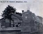 Engine 2805 superimposed on a picture of the Grand Trunk Railroad Station, Brighton, Ontario