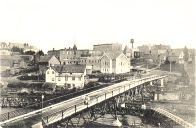 Crossing the Galna Bridge, Burk's Falls, circa 1920