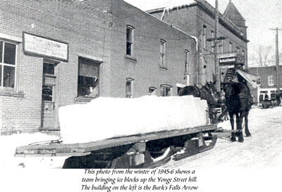 Ice Blocks on a Sleigh Being Pulled by a Team of Horses, circa 1945