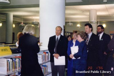 Hon. Marilyn Mushinski, Hon. John Snobelen, and Ron Johnson MPP visit the Brantford Public Library