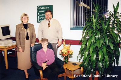 Wendy Newman, Nance Porte, and Jim MacDonald at the Dedication of a Memorial to G.A. (Jerry) Porte at the Brantford Public Library