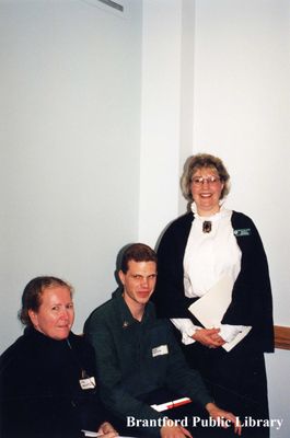 Two Brantford Public Library Staff Members and Wendy Newman at the Brantford Sesquicentennial Celebration